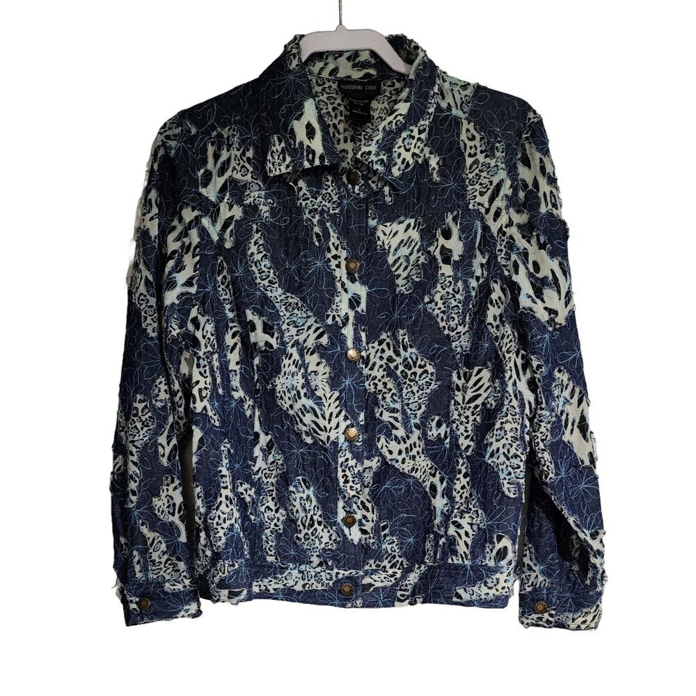 Morgan Cole Womens Distressed Jacket Size L Blue Ivory Animal Print Applique